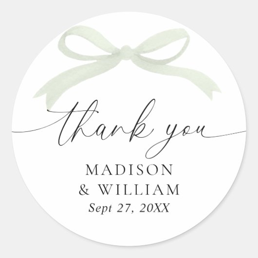 Sage Green Bow Watercolor Wedding Thank You Ronde Sticker (Voorkant)