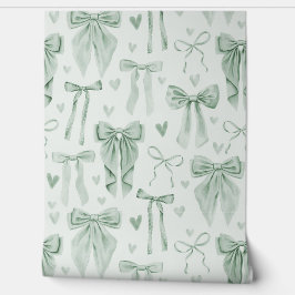 Sage Green Bows and Hearts on Soft Green Behang