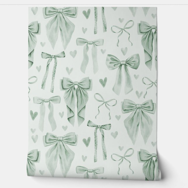 Sage Green Bows and Hearts on Soft Green Behang (Afrollen)