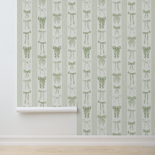 Sage Green Bows and Lace in Vertical Stripes Behang (Applicatie)