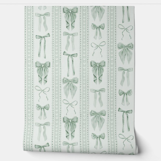 Sage Green Bows and Lace Vertical Stripes Behang (Afrollen)