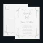 Sage Green Bows and Vows Wedding Save the Date Briefkaart<br><div class="desc">Sage Green Bows and Vows Wedding Save the Date Postcard. The fine line bow details and airy spacing create a graceful, coquette-inspired style that feels modern yet classic. With its balanced layout and soft tones, this design captures the beauty of a romantic celebration, highlighting charm, elegance, and understated sophistication. Make...</div>