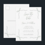 Sage Green Bows and Vows Wedding Save the Date Briefkaart<br><div class="desc">Sage Green Bows and Vows Wedding Save the Date Postcard. The fine line bow details and airy spacing create a graceful, coquette-inspired style that feels modern yet classic. With its balanced layout and soft tones, this design captures the beauty of a romantic celebration, highlighting charm, elegance, and understated sophistication. Make...</div>