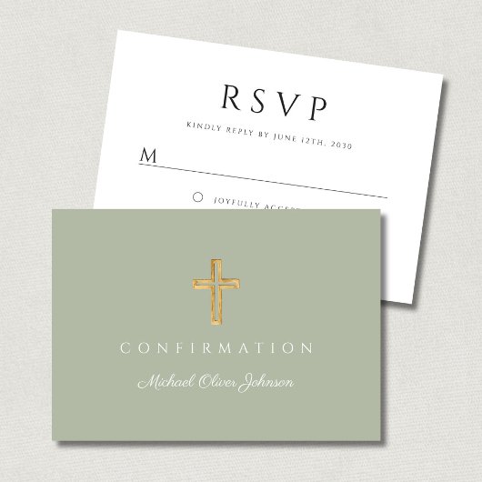Sage Green Boy Religious Cross Confirmation RSVP Kaartje