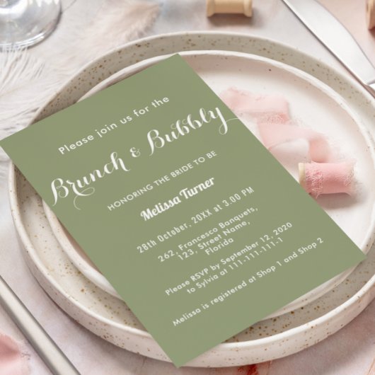 Sage Green Bridal Brunch Bubble Simple Invitation Kaart