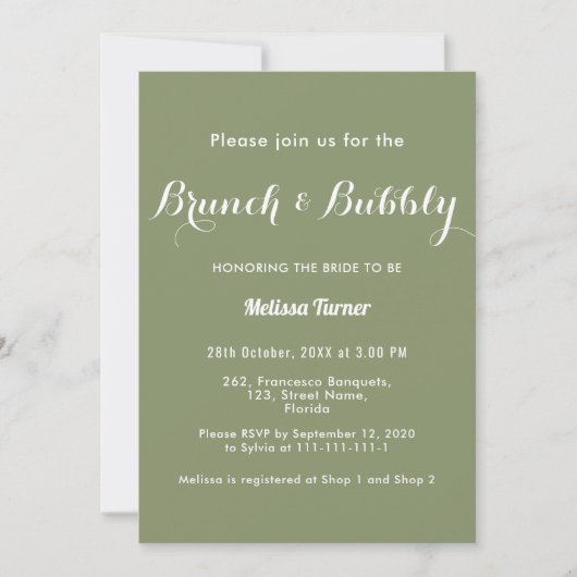 Sage Green Bridal Brunch Bubble Simple Invitation Kaart (Voorkant)