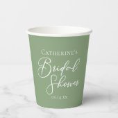 Sage Green Bridal Shower Personalized White Script Papieren Bekers (Achterkant)