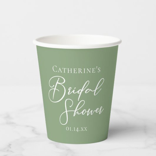 Sage Green Bridal Shower Personalized White Script Papieren Bekers (Voorkant)