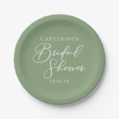 Sage Green Bridal Shower Personalized White Script Papieren Bordje (Voorkant)