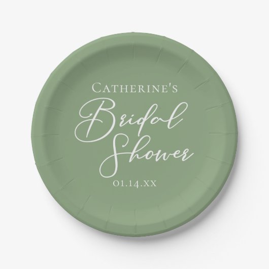 Sage Green Bridal Shower Personalized White Script Papieren Bordje (Voorkant)