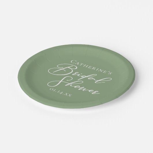 Sage Green Bridal Shower Personalized White Script Papieren Bordje (Gekanteld)