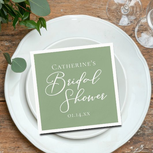 Sage Green Bridal Shower Personalized White Script Servet