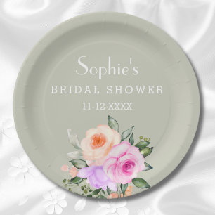 Sage Green Bright Floral Pink Roses Vrijgezellenfe Papieren Bordje