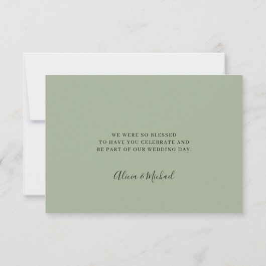 Sage green bruiloft, eenvoudig elegant script bedankkaart (Achterkant)