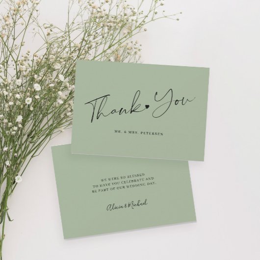 Sage green bruiloft, eenvoudig elegant script bedankkaart