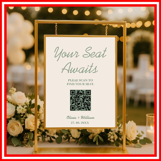 Sage Green Bruiloft | QR-code zitplaats bord Poster
