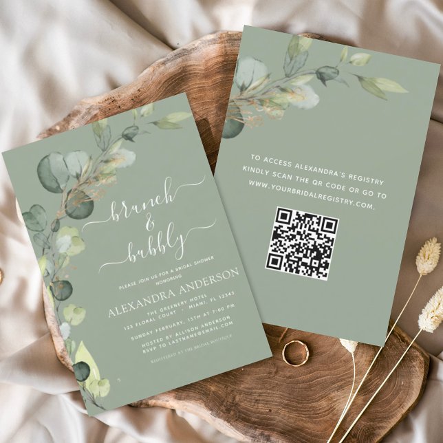 Sage Green Brunch & Bubbly QR Code uitnodiging (Creator heeft geüpload)