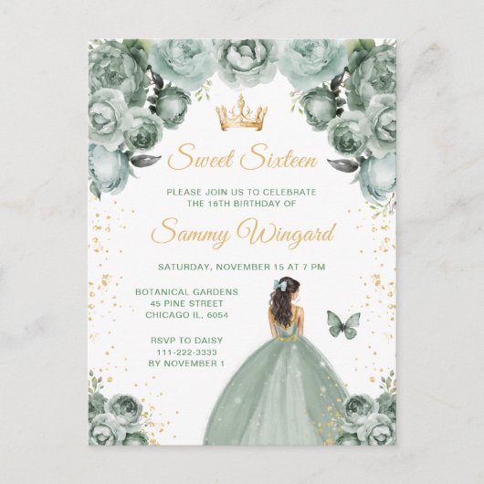 Sage Green Brunette Hair Princess Sweet Sixteen Briefkaart (Voorkant)