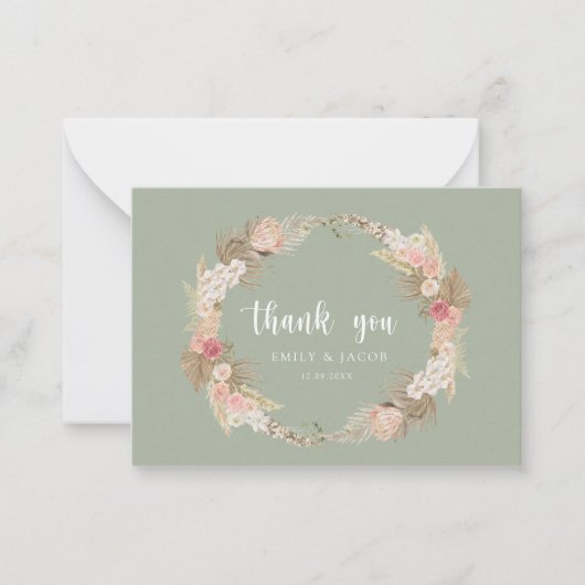 Sage Green Budget bruiloft Boho krans dank u Notitiekaartje (Voorkant)