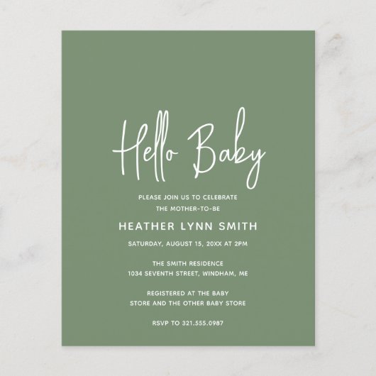 Sage Green Budget Hallo Baby shower Uitnodiging (Voorkant)