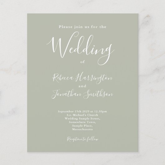 Sage Green Budget Moderne Manuscript Wedding Uitno (Voorkant)