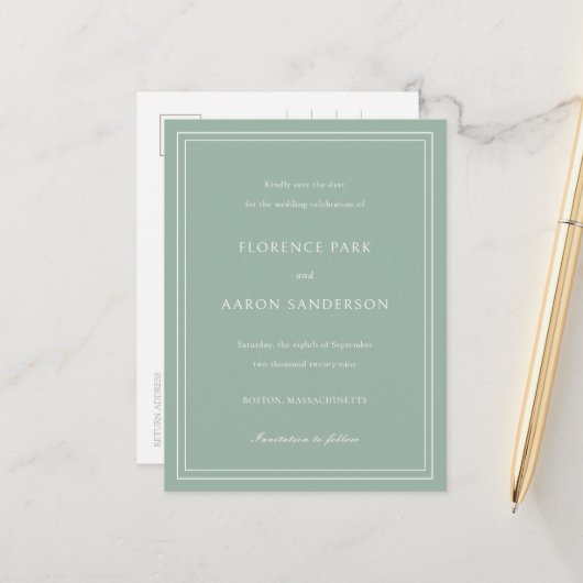 Sage Green Budget Wedding Save the Date Aankondigingskaart (Voorkant / Achterkant in situ)