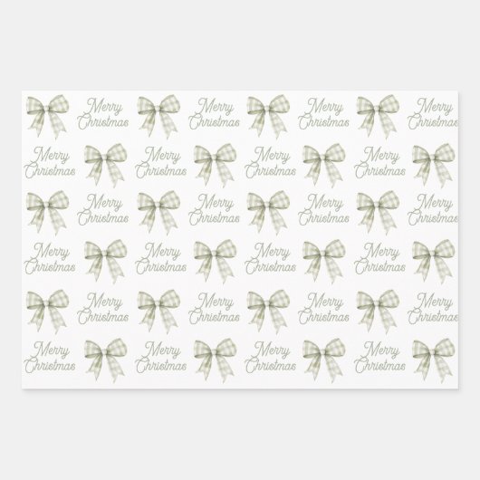 Sage Green Buffalo Plaid Bow Vrolijk Kerstfeest Inpakpapier Vel (Voorkant 3)