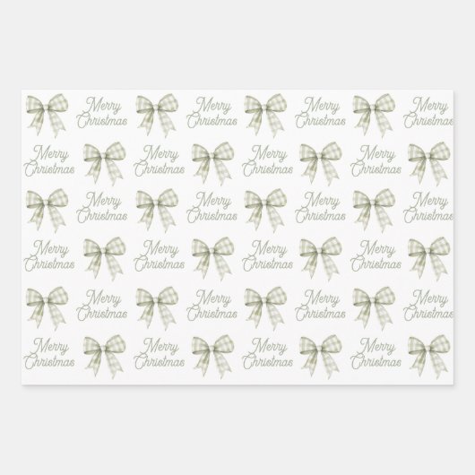 Sage Green Buffalo Plaid Bow Vrolijk Kerstfeest Inpakpapier Vel (Voorkant 2)