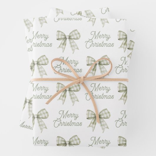 Sage Green Buffalo Plaid Bow Vrolijk Kerstfeest Inpakpapier Vel (In situ)