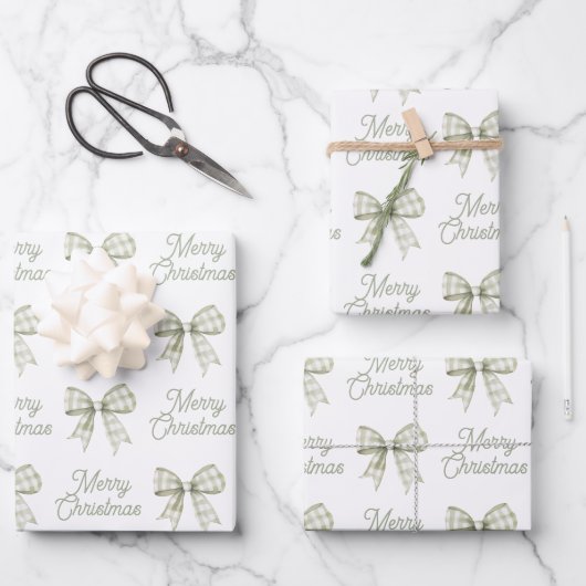 Sage Green Buffalo Plaid Bow Vrolijk Kerstfeest Inpakpapier Vel (Voorkant)