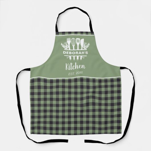 Sage Green Buffalo Plaid Keukennaam Schort (Voorkant)
