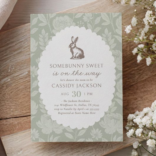  Sage Green Bunny Baby shower Kaart
