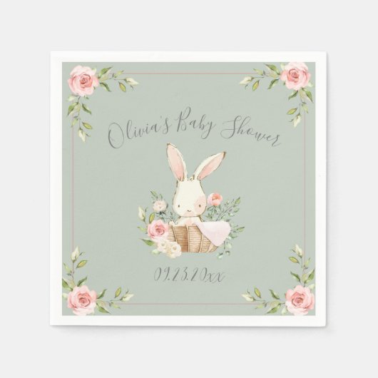 Sage Green Bunny Rabbit Baby shower Napkins Servet (Voorkant)