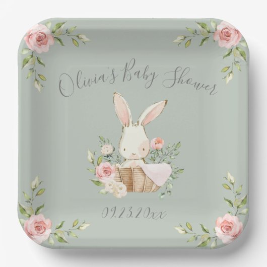 Sage Green Bunny Rabbit Baby shower Papieren Bordje (Voorkant)