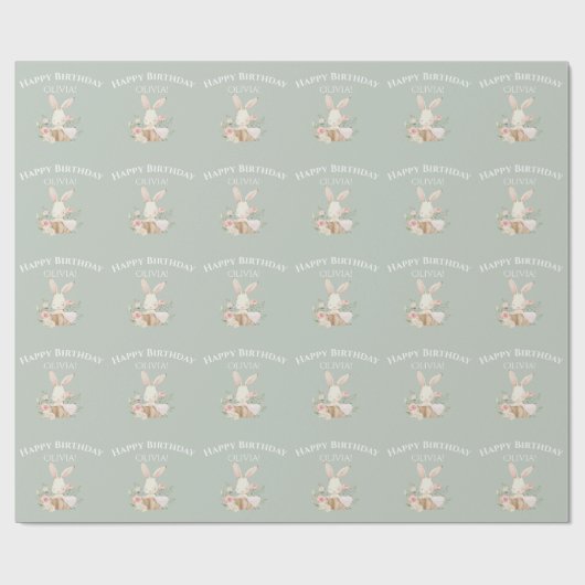 Sage Green Bunny Rabbit Girl Personalized Cadeaupapier (Vlak)