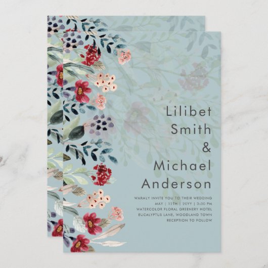 Sage Green Burgundy Blue Floral Wedding Kaart (Voorkant / Achterkant)