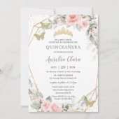 Sage Green Butterflies Pink Floral Quinceañera Kaart (Voorkant)