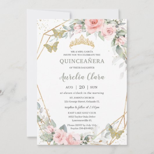 Sage Green Butterflies Pink Floral Quinceañera Kaart (Voorkant)