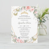 Sage Green Butterflies Pink Floral Quinceañera Kaart (Staand voorkant)