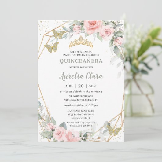 Sage Green Butterflies Pink Floral Quinceañera Kaart (Staand voorkant)