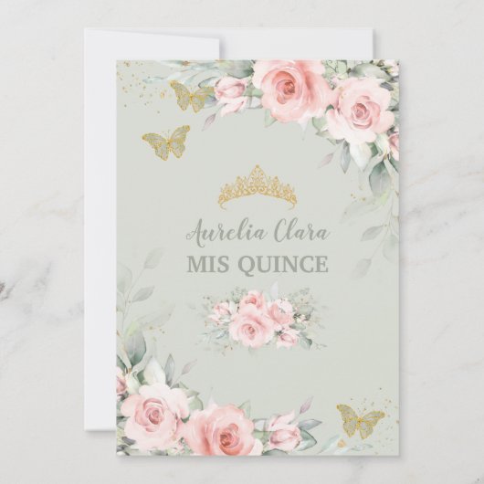 Sage Green Butterflies Pink Floral Quinceañera Kaart (Achterkant)