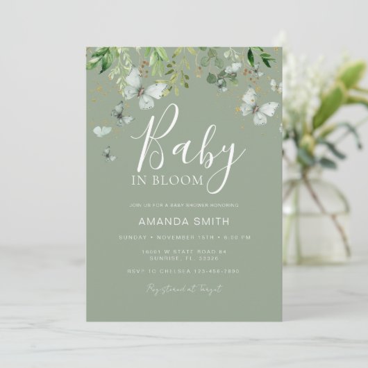 Sage Green Butterfly Baby in Bloom Baby shower Kaart (Staand voorkant)