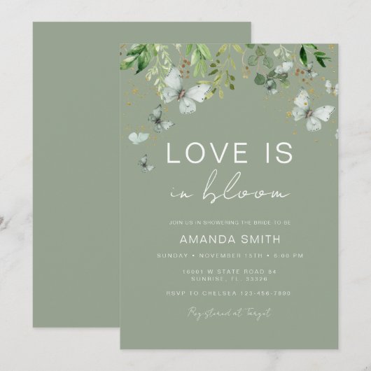 Sage Green Butterfly Loves in Bloom Vrijgezellenfe Kaart (Voorkant / Achterkant)