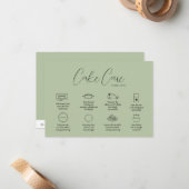 Sage Green Cake Care Instructie Kaart Notitiekaartje (Voorkant / Achterkant in situ)