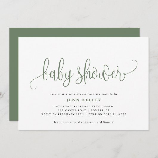 Sage Green Calligraphy Baby shower Kaart (Voorkant / Achterkant)