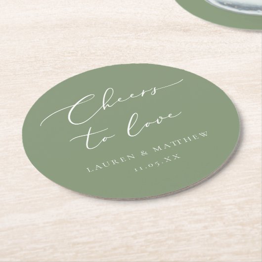 Sage Green Calligraphy Cheers to Love Wedding Ronde Kartonnen Onderzetter (Gebogen)