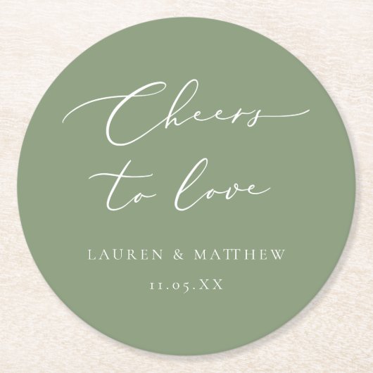 Sage Green Calligraphy Cheers to Love Wedding Ronde Kartonnen Onderzetter (Voorkant)