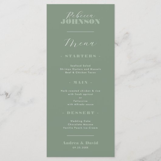 Sage Green Calligraphy Guest Name Wedding Dinner Menu (Voorkant)