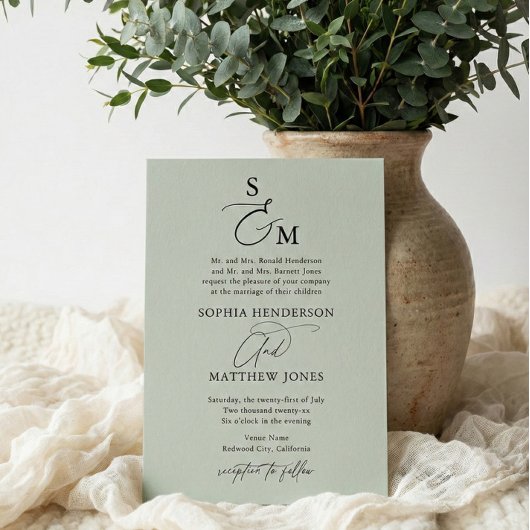 Sage Green Calligraphy Monogram formele bruiloft Kaart