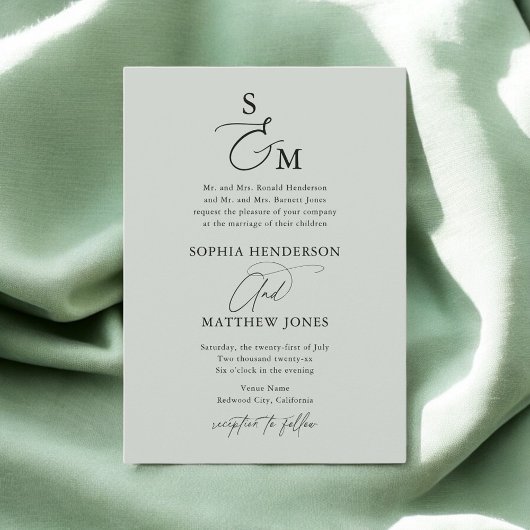 Sage Green Calligraphy Monogram formele bruiloft Kaart